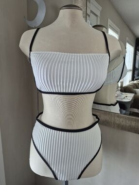 White Ribbed Bikini with Black Trim